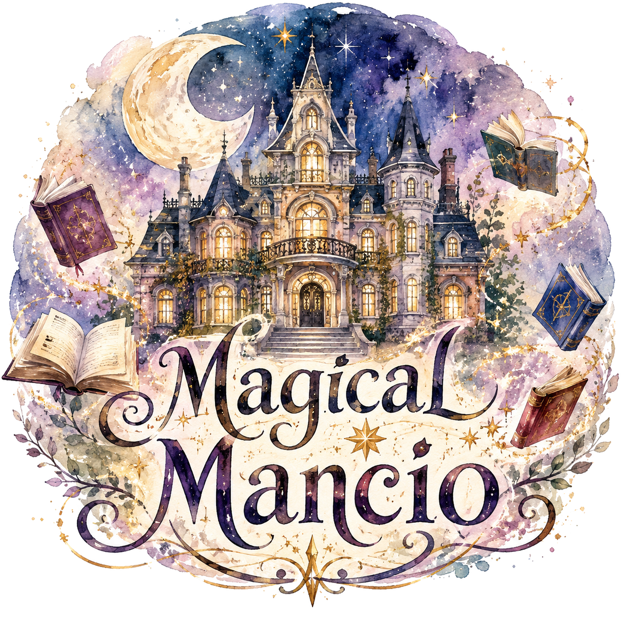 Magical Mancio crest — a moonlit castle with flying books, watercolor illustration by Natalie Faye